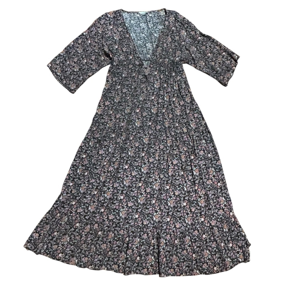 Garnet Hill Floral Dress Ties Top Black Purple Size 8 Petite Tiered Maxi